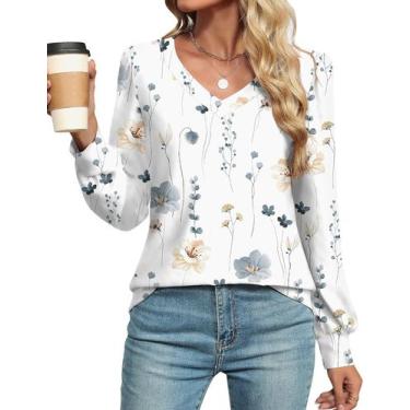 Imagem de Túnica de manga comprida Top LOMON com decote em V  branca floral