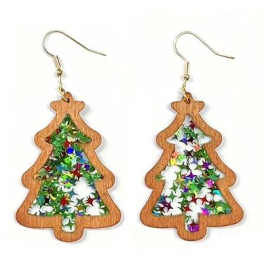 Imagem de Brincos de Natal femininos - Brincos pendentes de árvore de Natal - Brincos pendentes de glitter vermelho e verde brilhante, acessórios de joias para festas festivas, Small, Metal, Sem pedra preciosa