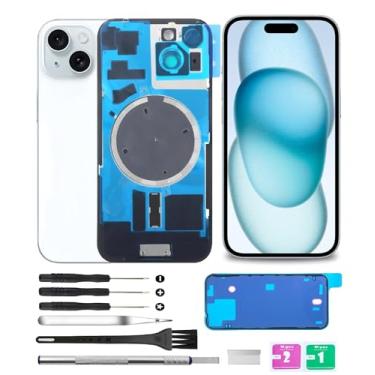 Imagem de Yuntunele Tampa traseira de vidro (inclui vidro de lente, suporte, ímã) Substituição compatível com iPhone 15 Todas as operadoras com conjunto de ferramentas profissionais (azul)