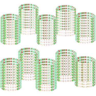 Imagem de Tondiamo 100 pulseiras de Natal da amizade, pulseiras Heishi com contas a granel, Feliz Natal, Holly, pulseira elástica para o Natal, 6.89Inch, cordão elástico, Sem Pedra Preciosa