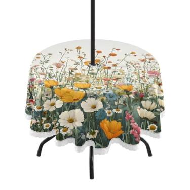 Imagem de ATTX Toalha de mesa redonda colorida de flores silvestres ao ar livre – 152 cm, impermeável, à prova de derramamento, uso interno/externo, com orifício para guarda-chuva com zíper para acampamento