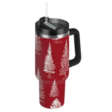 Imagem de Blueangle Copo de árvore de Natal branco vermelho de 1,134 g com alça e tampa de palha, caneca de viagem de aço inoxidável com isolamento a vácuo de parede dupla, garrafa de água reutilizável para