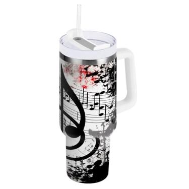 Imagem de xigua Music Notes Copo de 850 g com tampa e canudo, aço inoxidável de vácuo duplo isolado garrafa de água esportiva suporte para copo de café de viagem à prova de vazamento para bebida gelada