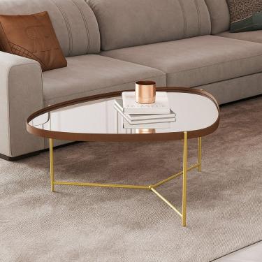 Imagem de Mesa de Centro com Borda em Couro Sintético Espelho e Pés em Ferro Alamanda Castanho/Dourado