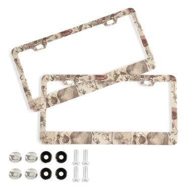Imagem de SEHANY Molduras de placa de carro vintage rosa crânio, capas de alumínio à prova de ferrugem com furos elípticos e parafusos serve para veículos padrão dos EUA tamanho acessórios de carro para