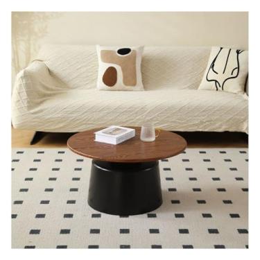 Imagem de Mesa de centro redonda, conjunto de 2 mesas de nidificação com acabamento de madeira em estilo creme, mesa de cabeceira lateral de sofá para quarto, base de aço carbono, nogueira, preto, G