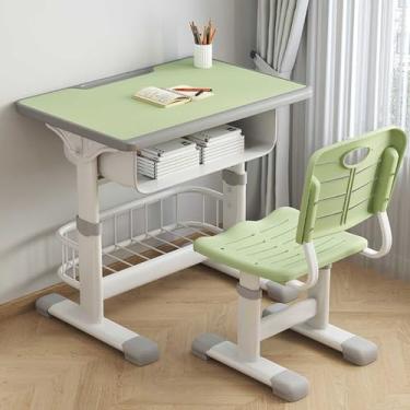 Imagem de Yadlan Conjunto de mesa e cadeira funcional infantil, mesa de estudo para crianças com cadeira, mesa de estudo escolar infantil ergonômica ajustável com cesta de armazenamento e orifício para caneta