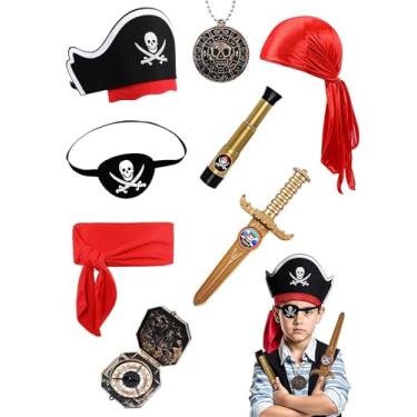 Imagem de ROC PARTY Conjunto de fantasia de pirata de 8 peças para crianças – tapa-olho, chapéu, acessórios de espada para fantasia de Halloween