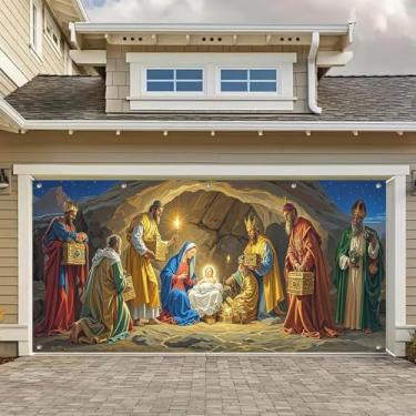 Imagem de HOMETITUTE Presépio de Natal Faixa de porta de garagem pano de fundo três homens sábios oferecendo presentes bebê Jesus e Maria Noite Santa decoração de porta de garagem exibição de feriado cristão