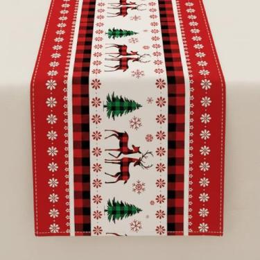 Imagem de Caminho de mesa de Natal | Decoração de mesa de férias de inverno de 182 cm - Design xadrez de rena e árvore