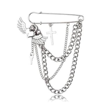 Imagem de Broche de coração de asa de anjo prata para homens e mulheres terno texudo corrente cruzada broche de lapela metal suéter clipes de xale para roupas bolsa calças punk modelador de cintura broche