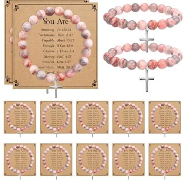 Imagem de Huquary 12 conjuntos de pulseiras de contas cruzadas para mulheres, presentes cristãos religiosos com versículo da Bíblia, pulseira católica de pedra natural, corda elástica, joias cristãs, presente