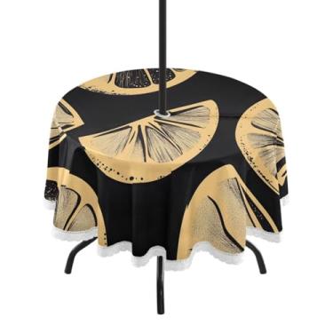 Imagem de CEBUGI Toalha de mesa redonda ao ar livre limão impermeável com furo Umberlla capa de mesa lavável para pátio, cozinha, sala de jantar 152 cm