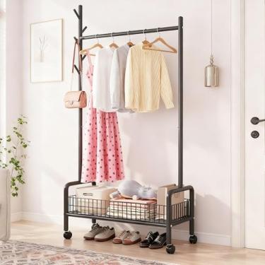 Imagem de Pleatopia Arara de roupas com prateleiras de armazenamento, suporte de roupas resistente com rodas para quarto, sala de estar, organização de lavanderia