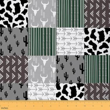 Imagem de Tecido caubói ocidental por jarda, tecido decorativo de cacto de vaca leiteira para suprimentos de costura, tecidos de retalhos xadrez geométricos para estofamento e detalhes domésticos, cinza 1 jarda