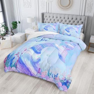 Imagem de Nttopship Jogo de cama Queen com estampa de sereia, para meninos e meninas, mar, praia, azul oceano, 1 edredom com 2 fronhas