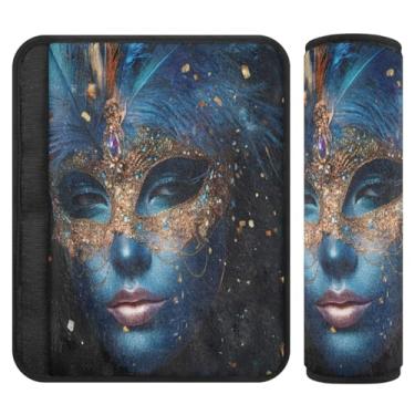 Imagem de Burbuja Protetor de cinto de segurança de carro máscara azul Mardi Gras almofadas macias conforto protetor de cinto de segurança de carro para alça de ombro de assento de carro, 1 par médio