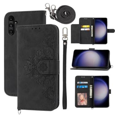 Imagem de Dswteny Capa carteira para Samsung Galaxy A16/A17/A26 5G com alça de ombro transversal, couro em relevo flip crédito capa para celular A 16 17 26 16A 17A 26A 4G SM-A166U mulheres meninas preta