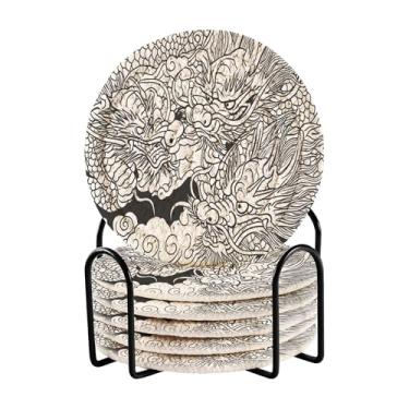 Imagem de SEHANY Porta-copos vintage dragão conjunto de 6 com suporte, porta-copos redondos absorventes de algodão resistente ao calor para mesa de jantar, canecas de café, 10 cm