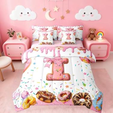 Imagem de Erosebridal Conjunto de edredom solteiro com letra I personalizada com lençol para meninas, laço fofo de princesa, com monograma, alfabeto D, cama em uma bolsa, 7 peças, rosquinhas, decoração de