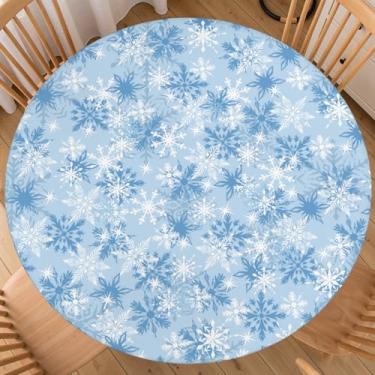 Imagem de ABSOP Toalha de mesa redonda de floco de neve de Natal com borda elástica, toalha de mesa circular azul e branca de 101 a 111 cm, capa de mesa de inverno para cozinha, jantar, festa, pátio, piquenique