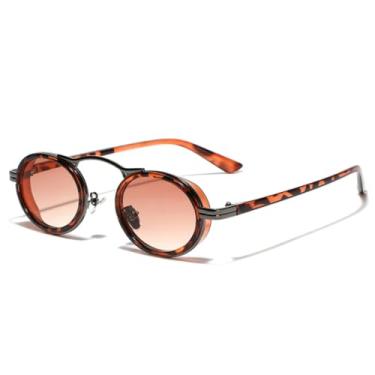 Imagem de Óculos de Sol Retro Punk Feminino Pequeno Oval Degradê UV400 Masculino Tendência Semi-metálico (Degradê Leopardo Chá)