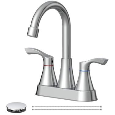 Imagem de Evolvegoods Torneira de banheiro cromada 2 ou 3 furos, torneira de pia de banheiro de aço inoxidável de 10 cm, torneira central de 2 alças para pia de banheiro, com ralo pop-up e 2 mangueiras de