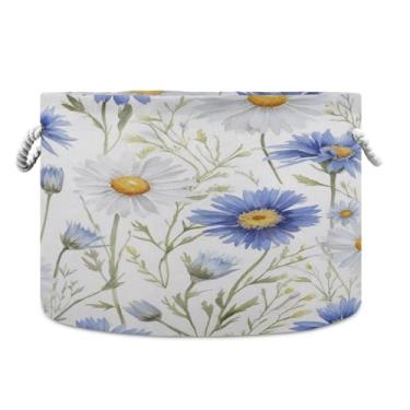 Imagem de JUZIHAI Margarida, branca, azul, cesta de armazenamento dobrável, cesto de roupa suja para bebê, cobertor com alças de corda de algodão, caixa organizadora de armário dobrável para quarto, berçário