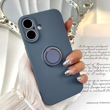 Imagem de HTVJFX Capa magnética de silicone líquido com suporte de anel para iPhone 16, à prova de choque (para iPhone 16/cinza/azul)