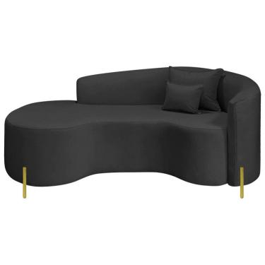 Imagem de Divã Recamier Curvo Sala De Estar Recepção Inglaterra 200cm Pés Metal Dourado Lado Esquerdo Linho Cor Preto