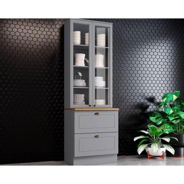 Imagem de Paneleiro De Cozinha Cristaleira Americana C/ 2 Portas (2 C/vidro) C/ 2 Gavetas 71.5cm Cinza/nature