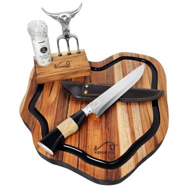 Imagem de Kit Churrasco Secrets – Tábua, Garfo Tridente, Moedor de Condimentos com Sal Marinho e Faca Personalizada, Ideal para Presentear e Aproveitar Momentos Especiais no Churrasco