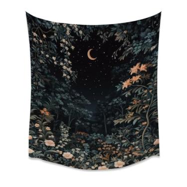 Imagem de Tapeçaria de parede floral floresta noturna padrão floral intrincado tom escuro fundo estrelado etéreo tecido durável encantador quarto destaque céu crescente natureza decoração de casa branco 152 x