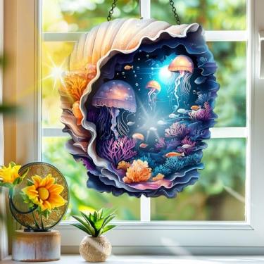 Imagem de Acrílico colorido, apanhadores de sol, decoração de janela pendurada com água-viva, arte de parede de arco-íris, para varanda, interior e exterior, jardim, enfeites de Natal, decoração 19 x 19 cm, CH