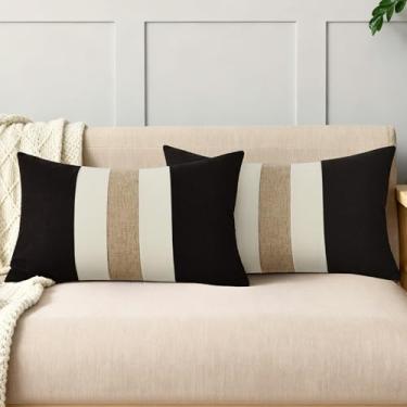 Imagem de QoBexim Conjunto de 2 capas de almofada decorativas de algodão e linho, 30 x 50 cm, preto e bege, decoração de casa de fazenda, moderna, para sofá, decoração de casa ao ar livre