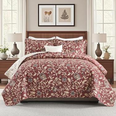 Imagem de PANGUSHAN Conjunto de colcha Queen Size – Conjunto de edredom queen 100% algodão, colcha vintage floral botânica com 2 fronhas, roupa de cama leve reversível, colcha de cama queen para todas as