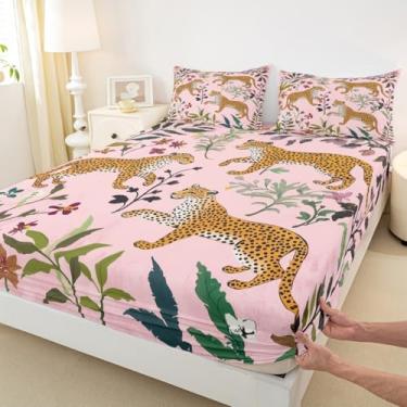 Imagem de Jogo de lençol solteiro para meninos e meninas, leopardo, floral, planta, animal, folhas de flores, botânico, infantil, lençol com elástico, rosa e laranja, 1 fronha (não plana)