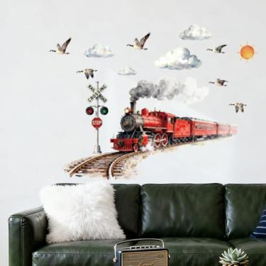 Imagem de ANATTASOUL 2 folhas de adesivos de parede coloridos trem e nuvens descascar e colar decalque de murais de parede removíveis, 96 cm x 30 cm grande decoração de arte para cozinha, quarto, berçário
