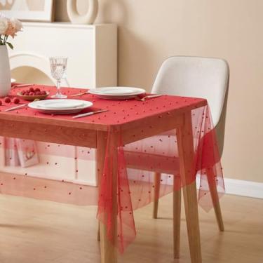 Imagem de Horaldaily Toalha de mesa de gaze vermelha perolada vermelha 152 × 152 cm, gaze de renda de tule para primavera, verão, toalha de mesa de chá de noiva, para decoração de mesa de aniversário de