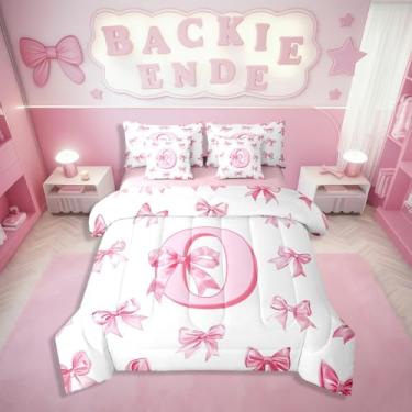 Imagem de Erosebridal Jogo de cama infantil com laço e laço de princesa sonhadora, rosa, letra O em uma bolsa com lençóis, fofo, kawaii, conjunto completo de edredom de 7 peças, romântico e chique