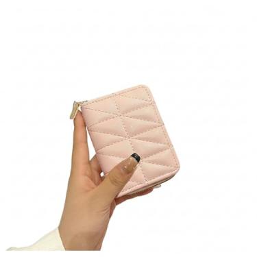 Imagem de Carteira feminina de couro genuíno com dobra dupla/tripla - Suporte minimalista para cartão de crédito com bloqueio de RFID e bolso para moedas, rosa, Casual