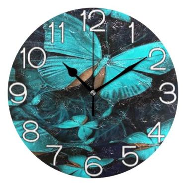 Imagem de GAIGEO Relógio de parede analógico decorativo operado por bateria relógio de sala de aula, arte de parede boho, decoração de casa, borboleta azul aquarela, 25 cm, ponteiros pretos