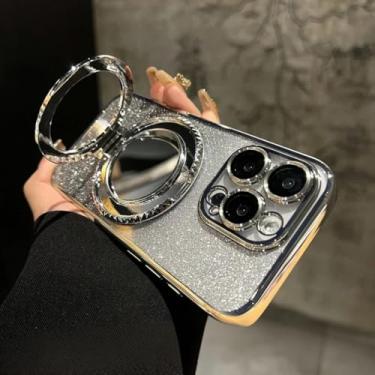 Imagem de Capa com efeito degradê e espelho brilhante para iPhone 15 14 13 11 12 16 17 Pro Max Air Xr Xs 16 Plus com suporte e função de maquiagem (para iPhone 11 Pro/Prata)