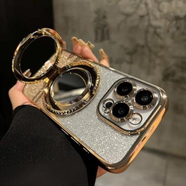 Imagem de Capa com efeito degradê e espelho brilhante para iPhone 15 14 13 11 12 16 17 Pro Max Air Xr Xs 16 Plus com suporte e função de maquiagem (para iPhone 13 Pro Max/Dourado)