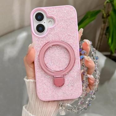Imagem de Capa traseira com pulseira e contas de cristal Dazzle para iPhone 16, 15, 14, 13, 12, 11 Pro Max Plus, suporte magnético, rosa claro, para iPhone 16 Plus