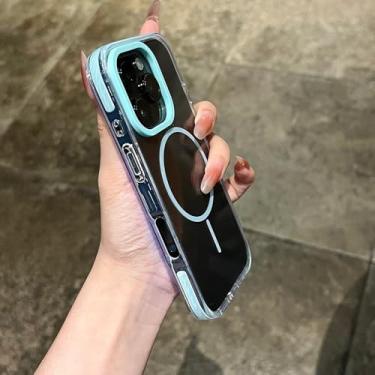 Imagem de Capa magnética transparente com alça de pulso para iPhone 14, 15, 16 Plus, 11, 12, 13, 16 Pro Max, capa protetora transparente à prova de choque, ciano, para iPhone 15