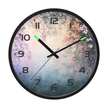 Imagem de SEHANY Relógio de parede vintage com flores de videira silencioso, sem tique-taque, relógio redondo operado por bateria, controle de som, luz noturna, relógios de parede para sala de estar, cozinha