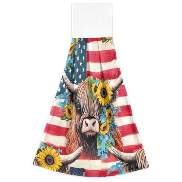 Imagem de Joitme Cute Highland Cow Bandeira Americana Toalhas de Cozinha Penduradas no Forno Toalha Macia Absorvente Moderna Decoração de Cozinha Conjunto de 2, 45 x 35 cm