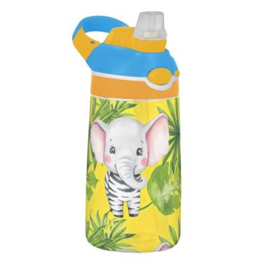 Imagem de Garrafa de água esportiva infantil amarela com desenho animado de elefantes para escola, 473 ml, garrafa de água Tritan de 473 ml com canudo, copos de viagem infantis à prova de vazamento