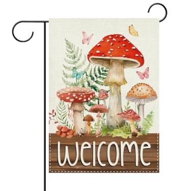 Imagem de Terkki Welcome Primavera Verão Cogumelo Decorativo Bandeira de Jardim, Conto de Fadas Floresta Samambaia Planta Borboleta Pequeno Quintal Decorações Externas, Serapilheira Botânica Exterior Decoração